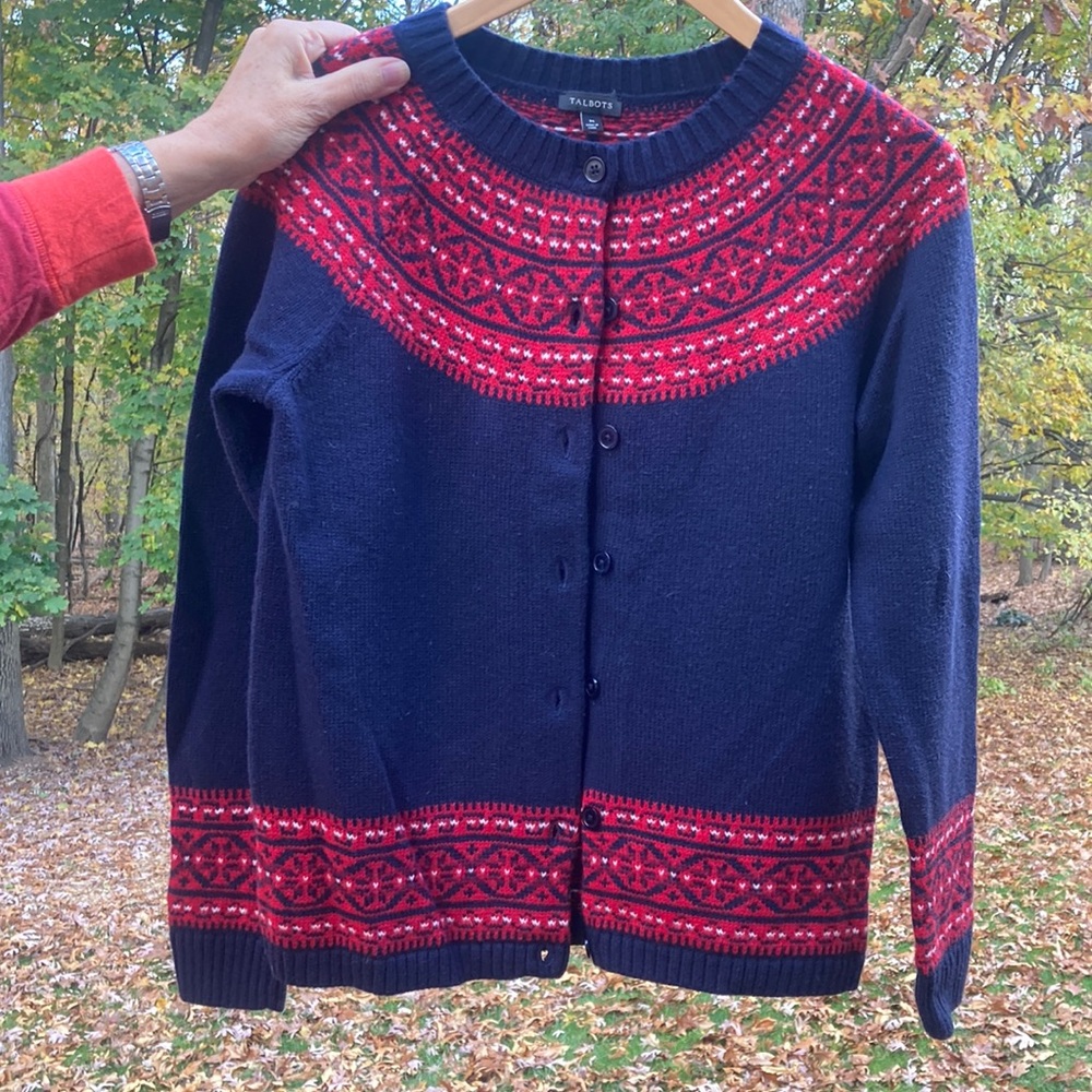 Navy and red Talbots cardigan
